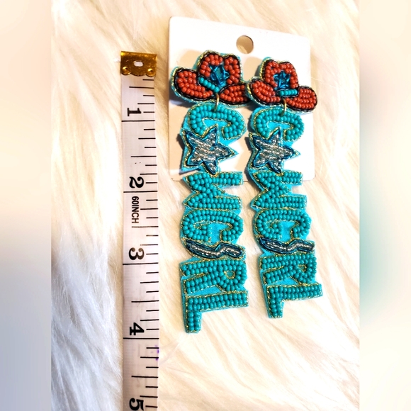 NEW Western Turquoise Cowgirl Beaded Shimmer Hat Earrings Star detail - Picture 8 of 8